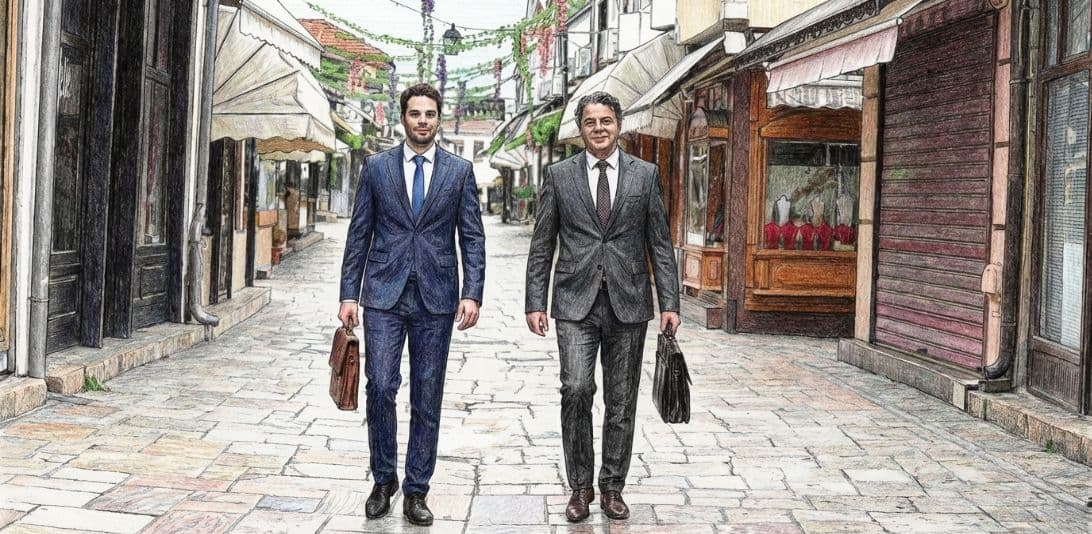 The two founders of Blosbox walking through the old bazaar in Skopje with their briefcases