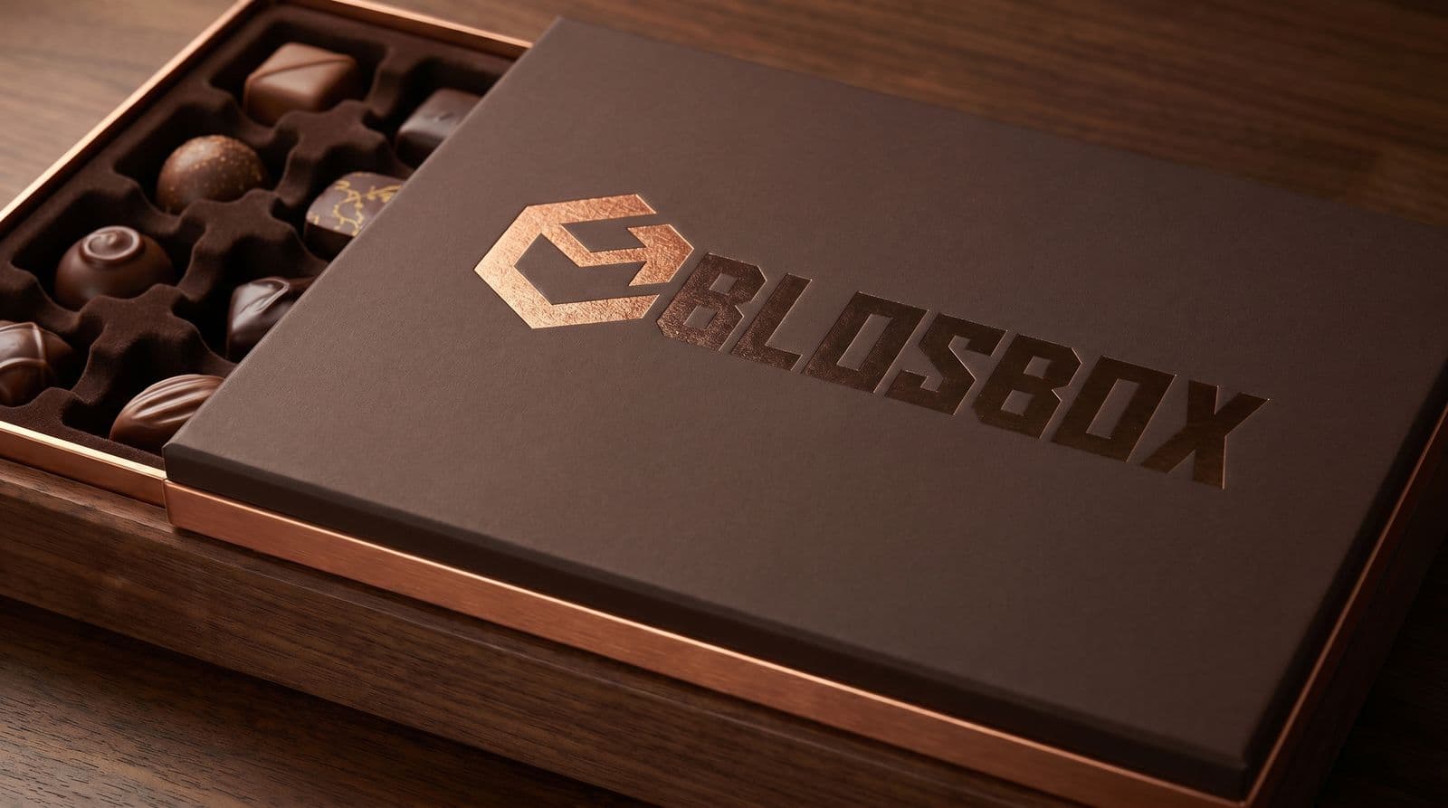 A brown rigid chocolate box with the Blosbox logo debossed and stamped in copper foil, open to show the pralines inside